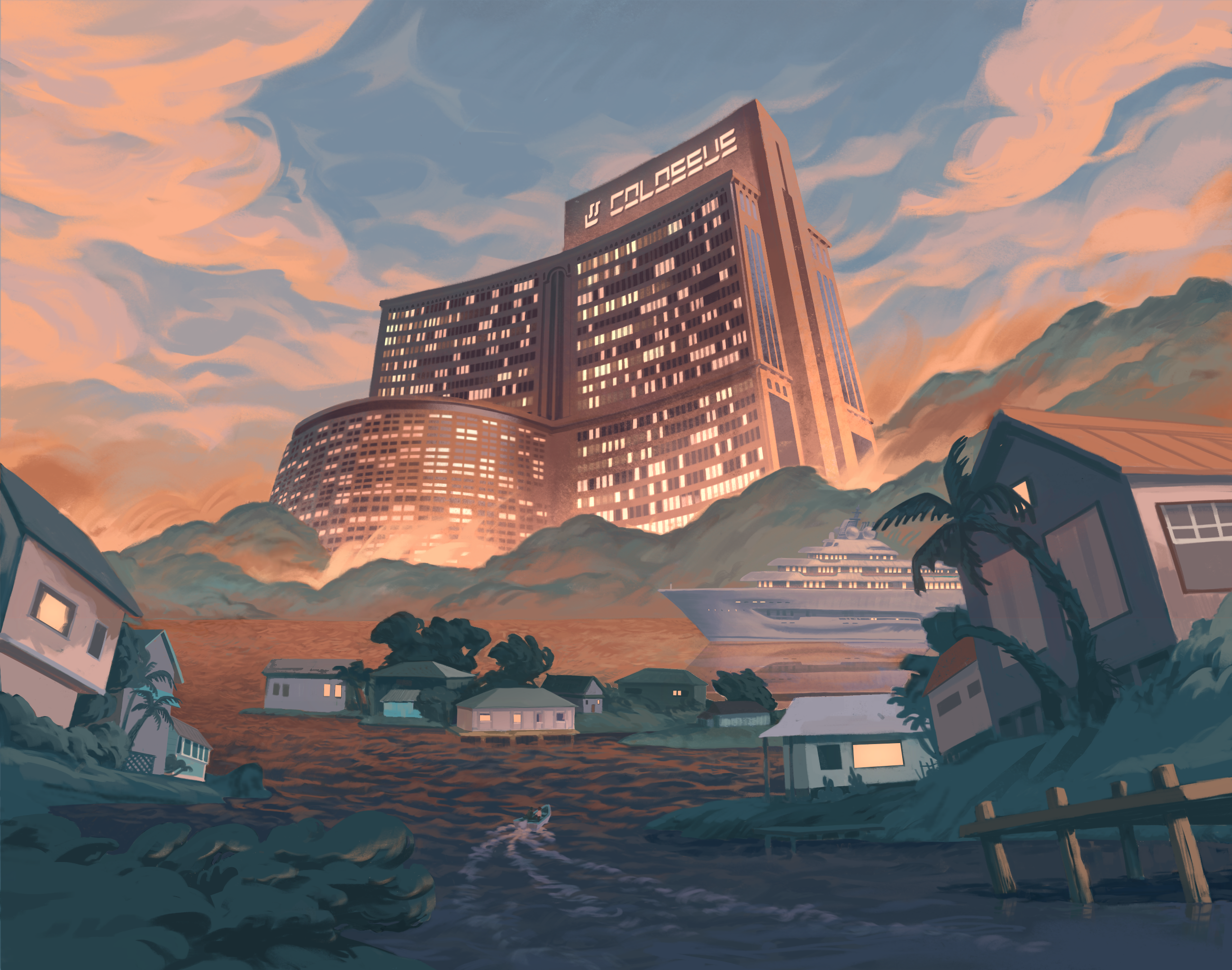 Image of a large modern hotel rising above many smaller and older family homes while a cruise ship pulls into the bay