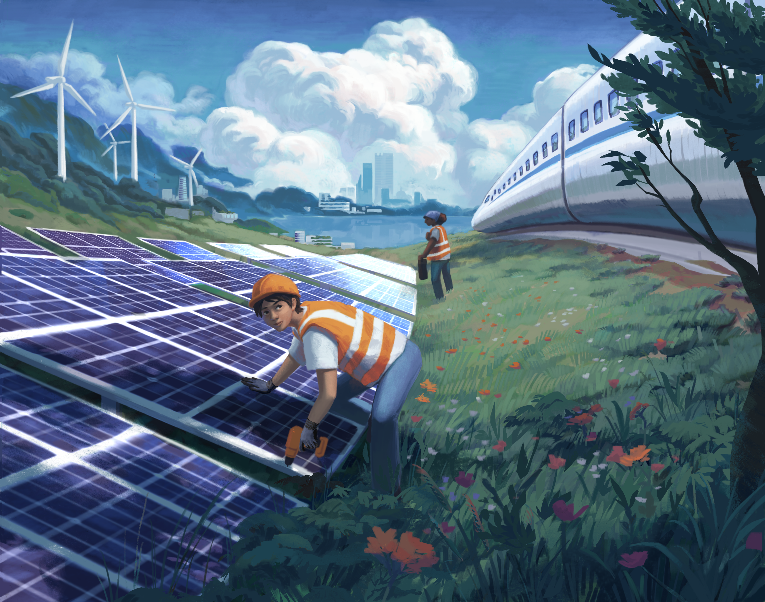 A high-tech train races past workers installing solar panels on a flower-strewn hillside. In the distance high-density housing from the nearby city rises across the bay.