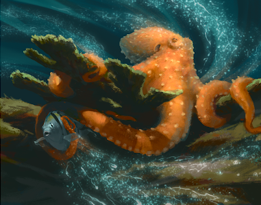 Digital art of a White Spotted Octopus catching a fish while brilliant bioluminescence swirls behind it.
