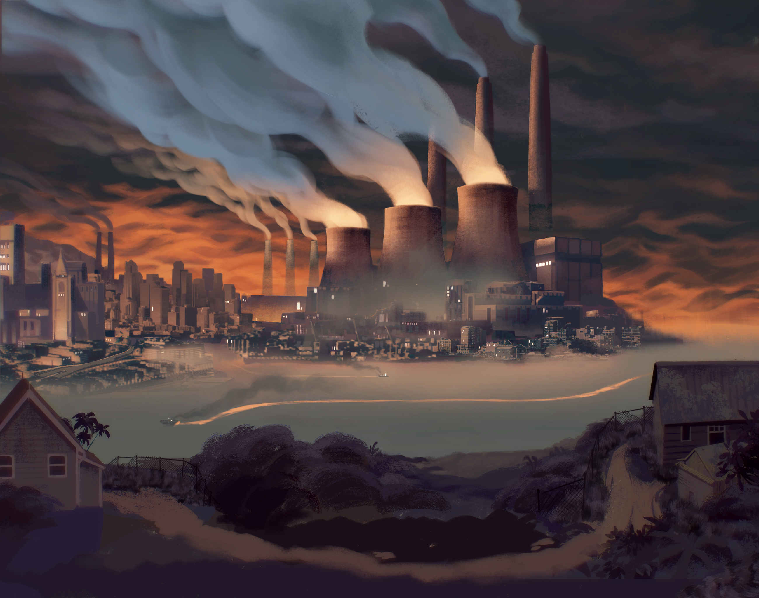 A bay with large smokestacks from coal plants on the far shore. The sky is red. In the foreground, a broken chain-link fence closes out residents of houses on a hill from getting down to the water.