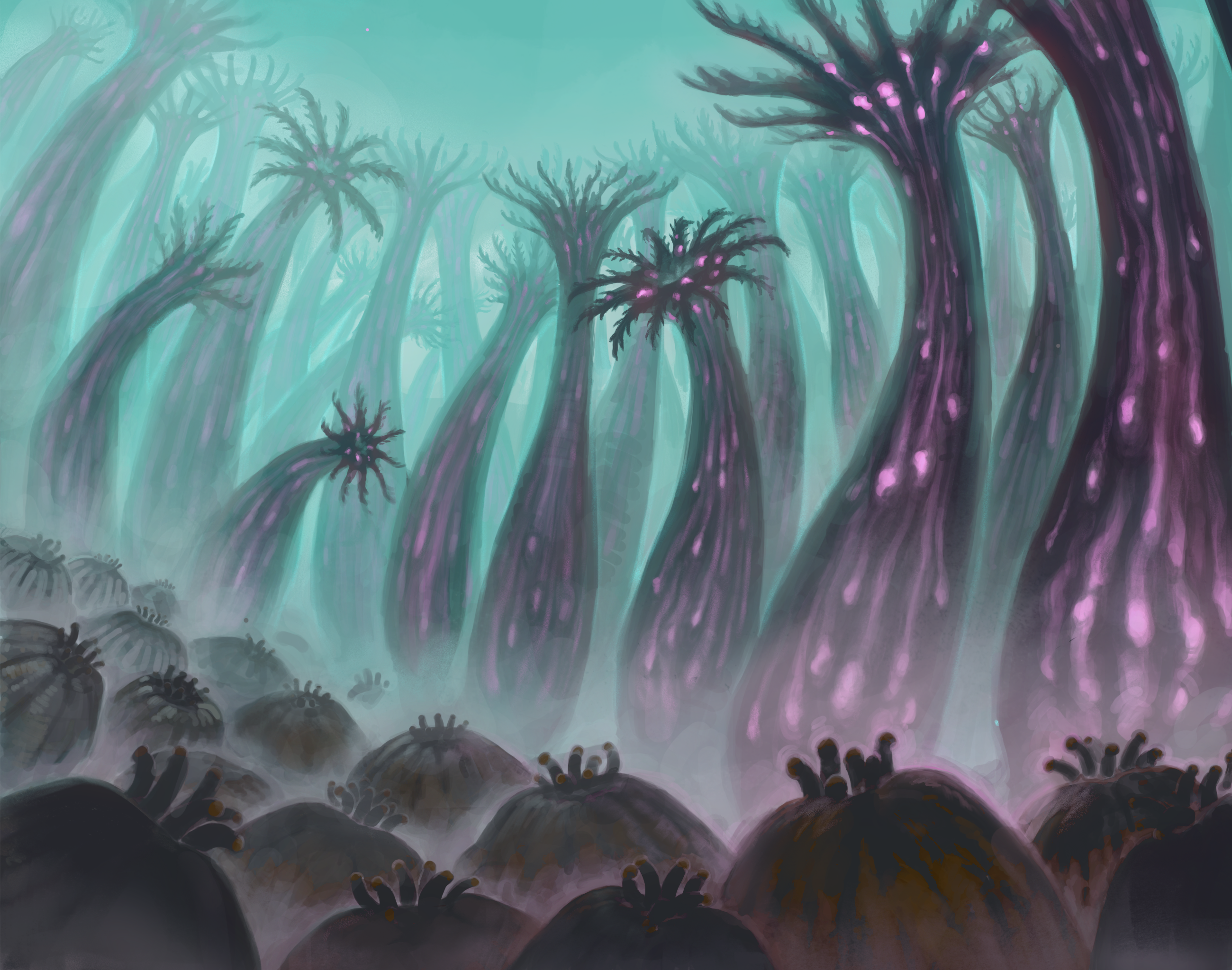 Digital art of coral polyps lit from within by an unearthly purple light from bacteria inside them, stretching upwards in frail towers, while nearby polyps without this bacteria are retracted and look more solid.