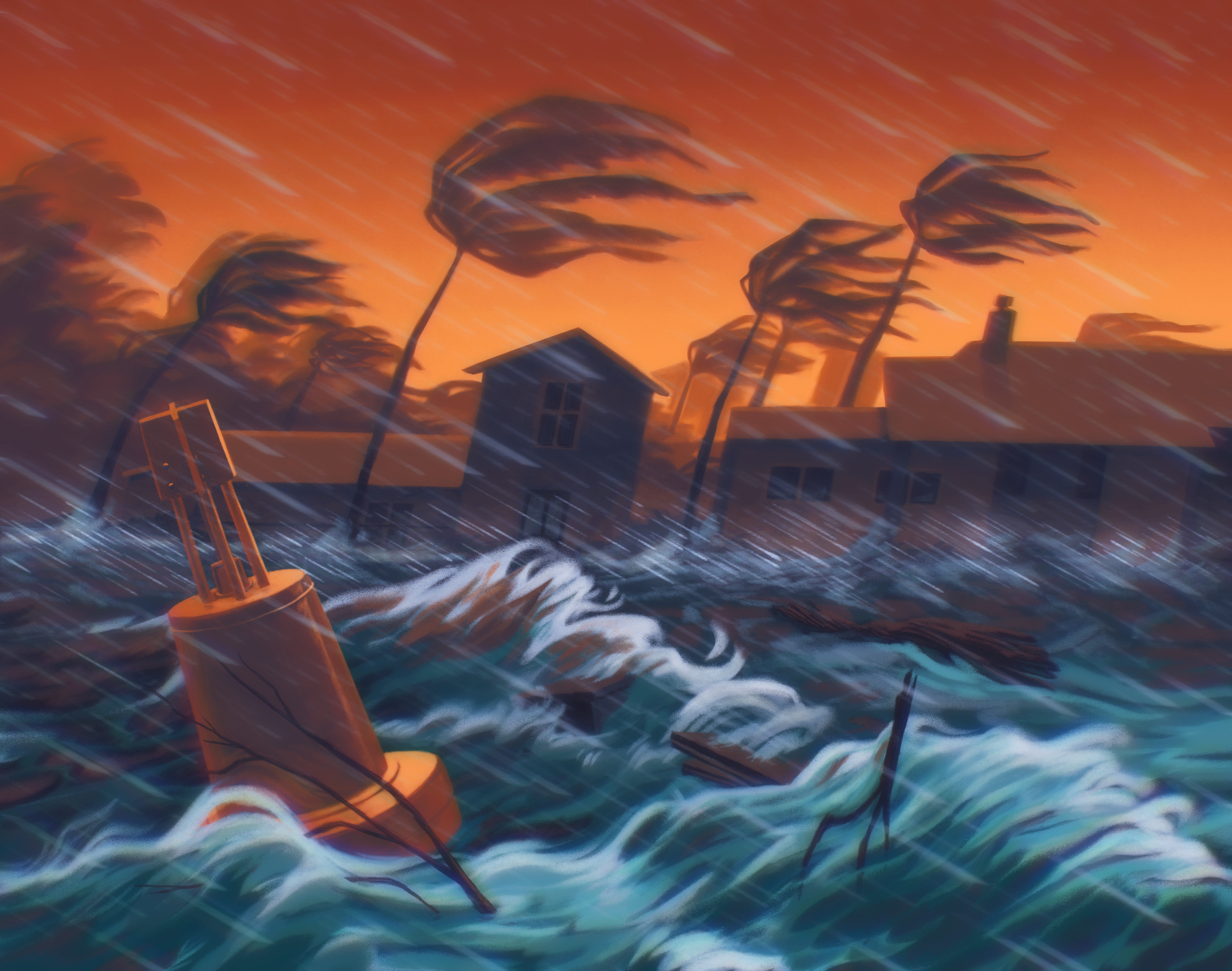 Image of a Hurricane battering a tropical coastline. Coconut trees have their foliage whipped too and fro, silhouetted against a red sky. In the foreground, a weather buoy seems to have come unmoored and is tossed by huge waves. Sheets of rain descend diagonally across the scene.