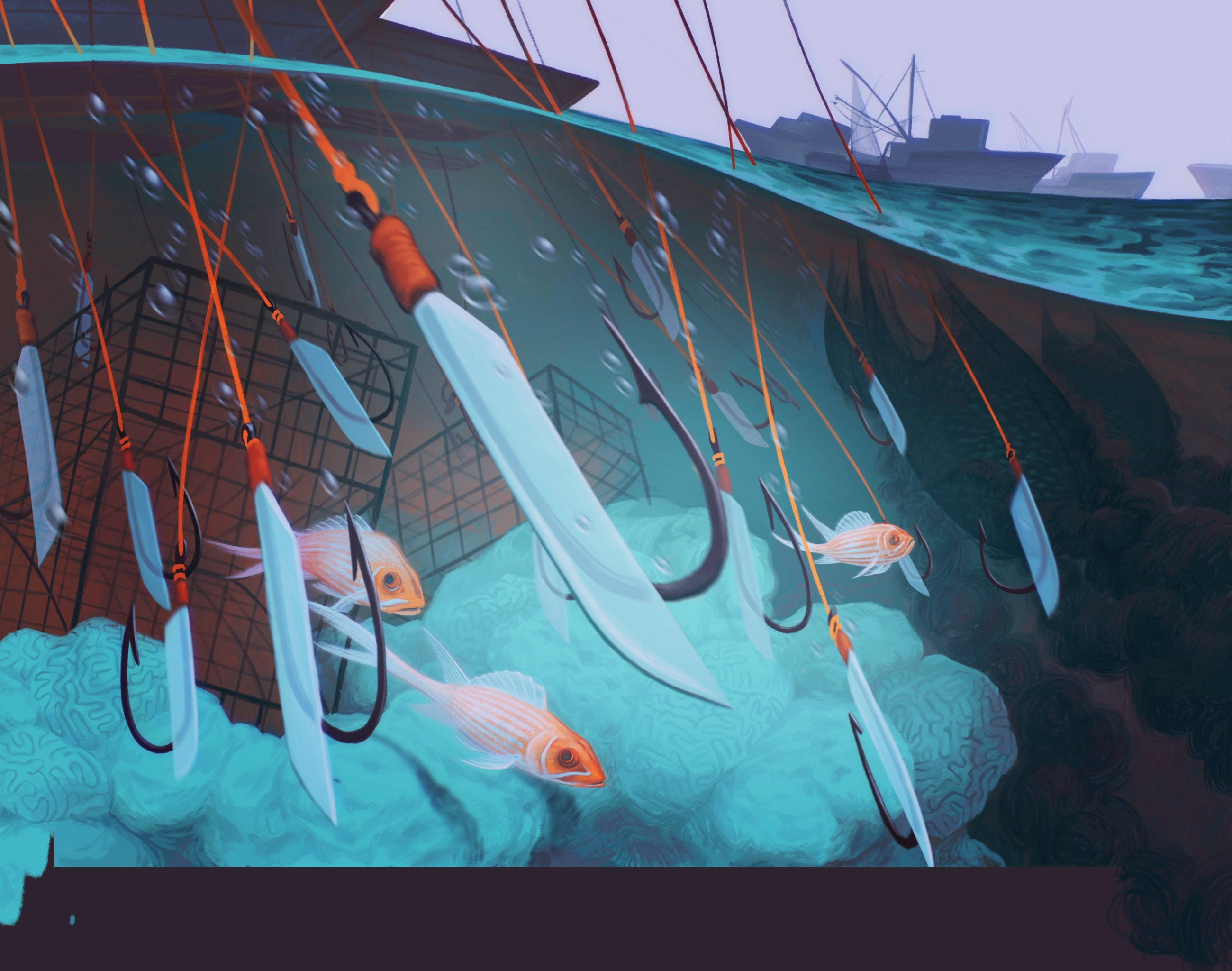 Image of stylized fish being harvested by a fishing fleet. Half the image is above the waves while the other half is below. Fishing lines with diamond shaped translucent parrotfish lures descend from the ships. There are fish traps on coral near the reef floor. In the background, in deeper water, one fishing ship drags a net bloated with fish.  Coconut trees have their foliage whipped too and fro, silhouetted against a red sky.