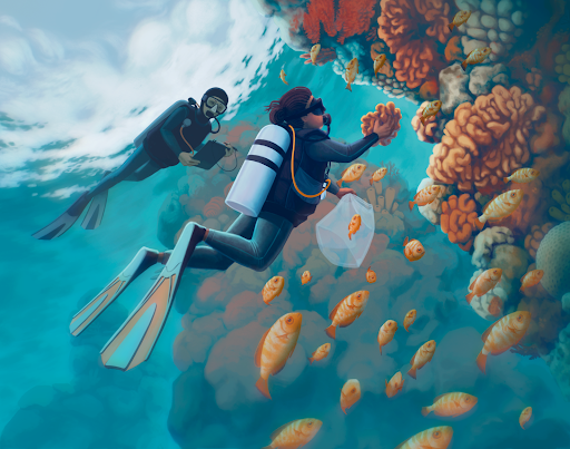 Digital art of divers sampling  coral