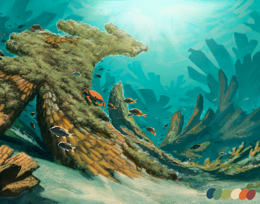 Digital art of scuzzy Turf Algae growing on a branching Staghorn Coral in tropical waters