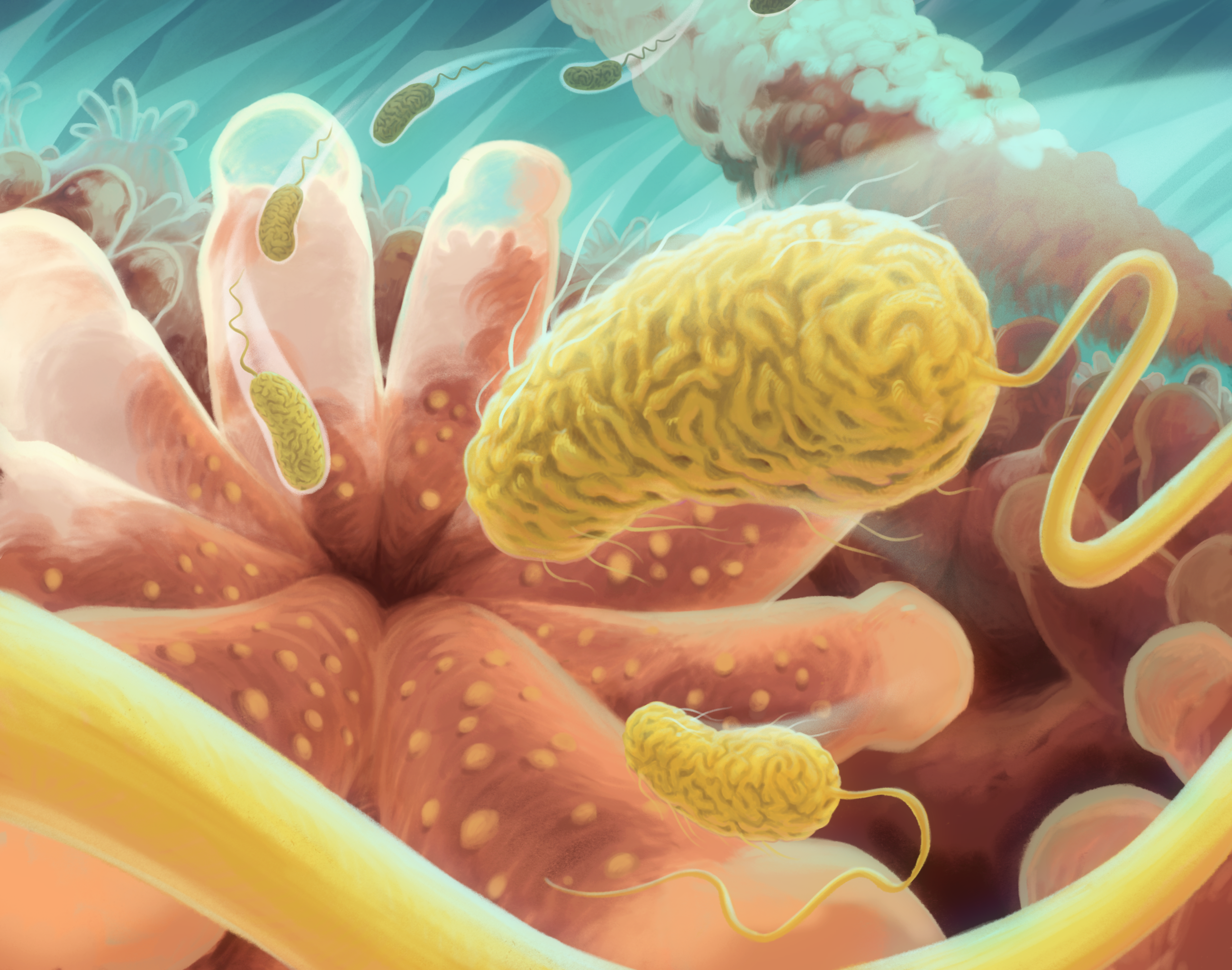 Digital art of Vibrio pathogens swarming toward a coral polyp, looking almost like bombers diving toward an aircraft carrier
