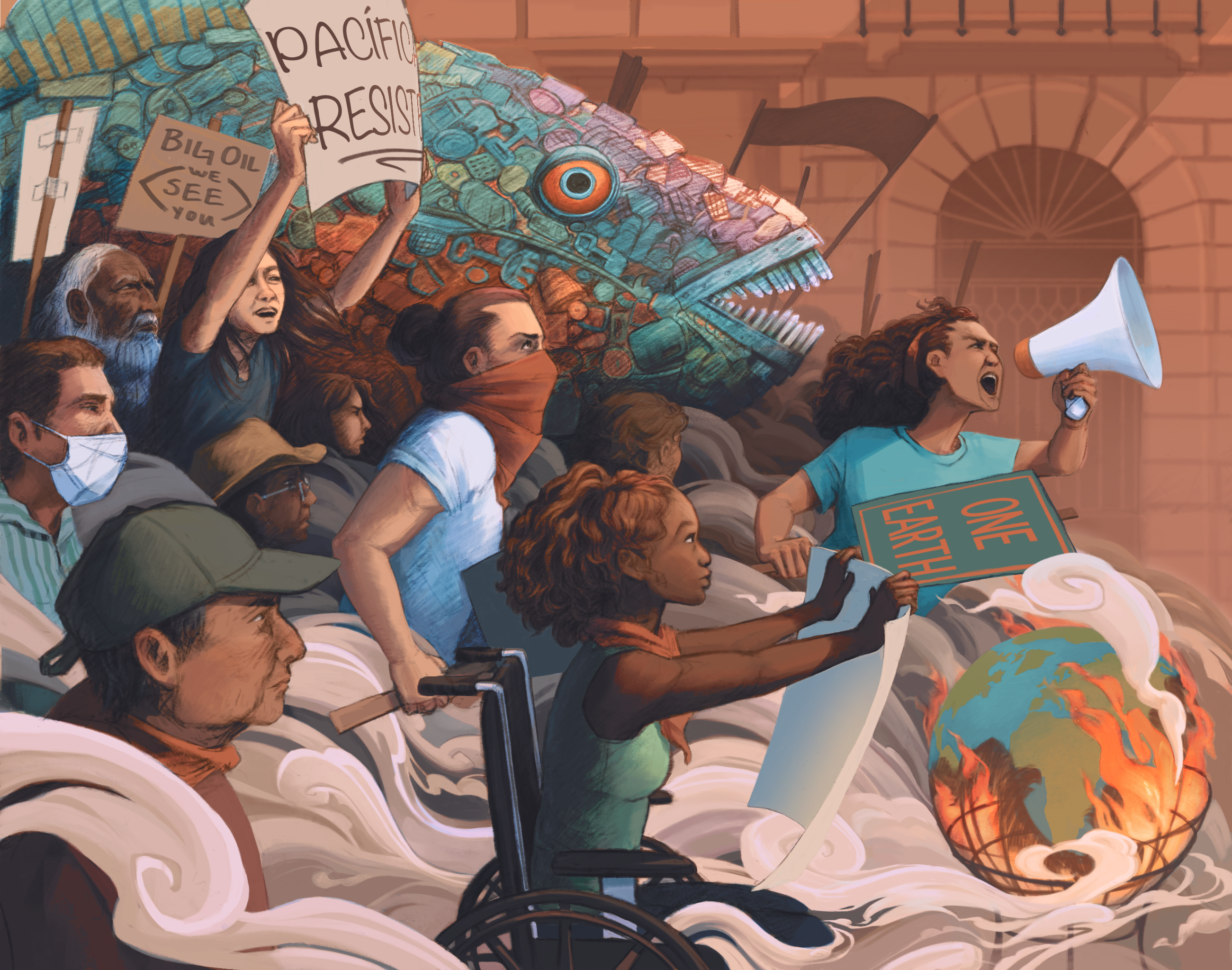 A diverse group of protestors demands change. They face right, with a burning papier-mache globe burning at the head of the march. Stylized smoke blows through the crowd as a woman calls out through a bullhorn. In the background, a sculpture of a large parrotfish constructed from plastic garbage can be seen above the crowd. 