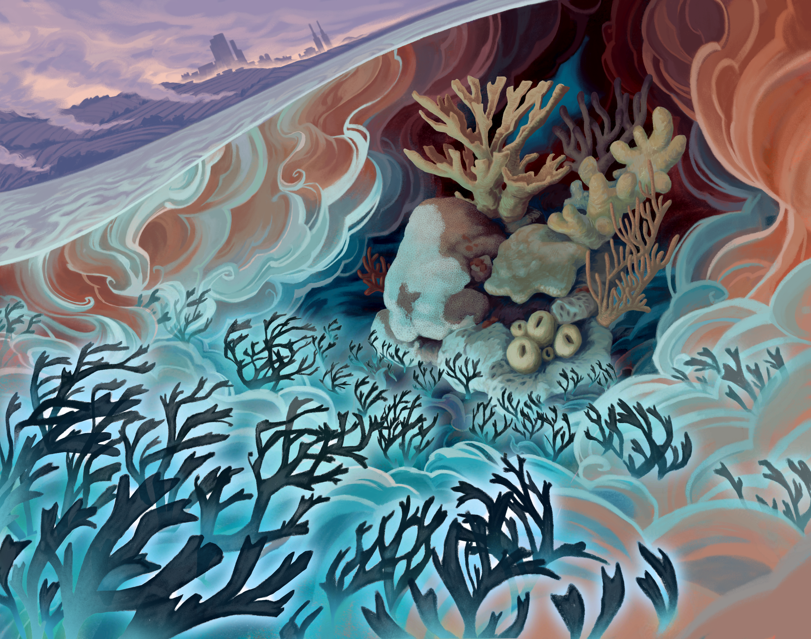 Swirling stylized red clouds surround macroalgae surging toward a small stand o f coral. Above water, a farm can be seen with red runoff heading down into the water.