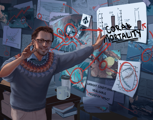 An image of a scientist in front of a conspiracy-theory style board showing red string connecting papers about nutrient pollution, parrotfish eating corals, and coral death.
